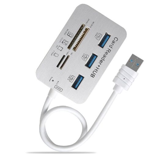 3 Port USB 3.0 Hub + 4 Port Card Reader Splitter (White) - Model 619-3.0 - 1