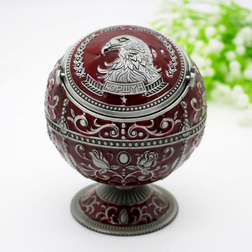 Ancient Wine Red Eagle Metal Globe Ashtray with Lid - Holiday Gift Decor - 1