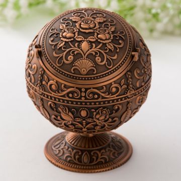 Retro Metal Spherical Ashtray with Lid - Red Copper Rose Decor - 1