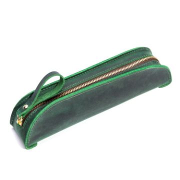 Vintage Handmade Genuine Leather Zipper Pencil Case - Ink Green W-T18 - 1