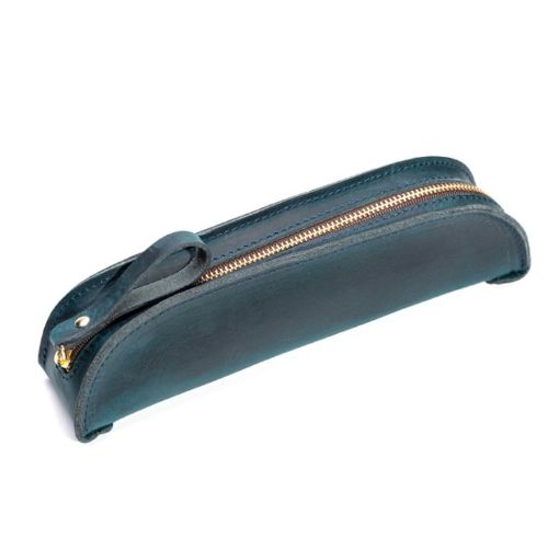 Vintage Handmade Genuine Leather Zipper Pencil Case - Blue W-T18 - 1