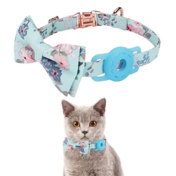 Luminous Blue Pet Tracker Collar with AirTag Insert Buckle Bow - 1
