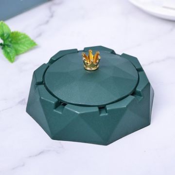 Dark Green Stainless Steel Liner Ashtray With Cover - Crown Decor - 1