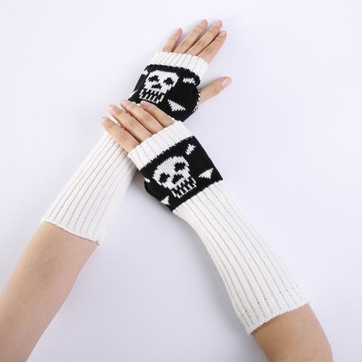 White Jacquard Skull Fingerless Knit Ski Gloves - Warm Winter Accessory - 1