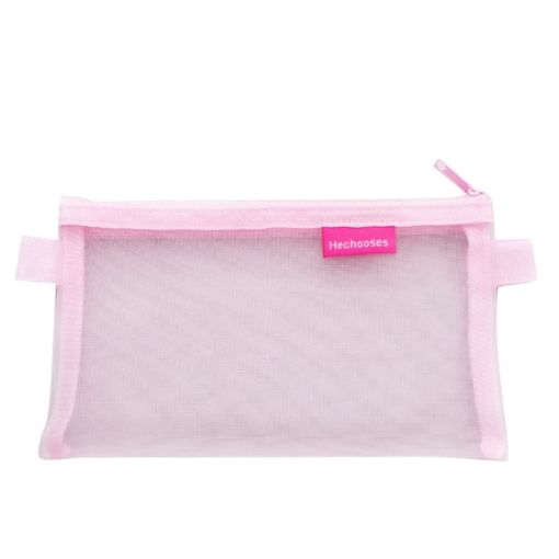 Hechooses D033 Transparent Mesh Exam Pen Bag, Square Style, Pink - 1