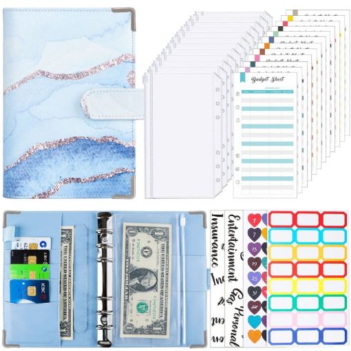 A6 Leather Loose-leaf Budget Book Notepad - Watercolor Blue - 1