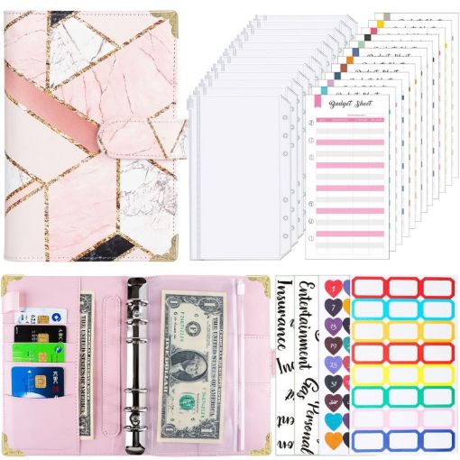 A6 Marbled-Pink Leather Loose-leaf Budget Book Notepad - 1