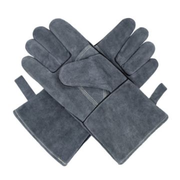 Cowhide BBQ Gloves 14" Gray - Thickened Anti-hot Oven Welding Protection - 1