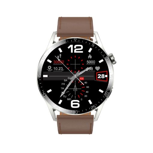 Waterproof Smart Call Watch with NFC, Silver-Brown Leather & Red Silicone - 1