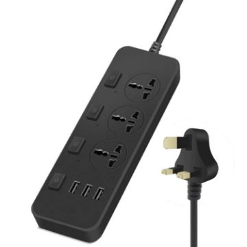 T14 2m 2500W Socket with 3 Plugs & 3 USB Ports, UK Plug (Black) - 1