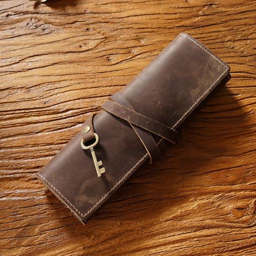 Retro Genuine Leather Pen Case - Tie Rope & Key, Crazy Horse Coffee - 1