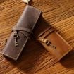 Retro Genuine Leather Pen Case - Tie Rope & Key, Crazy Horse Coffee - 3