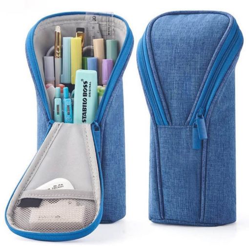 Large Capacity Blue Upright Pencil Case - Portable Office Exam Bag - 1
