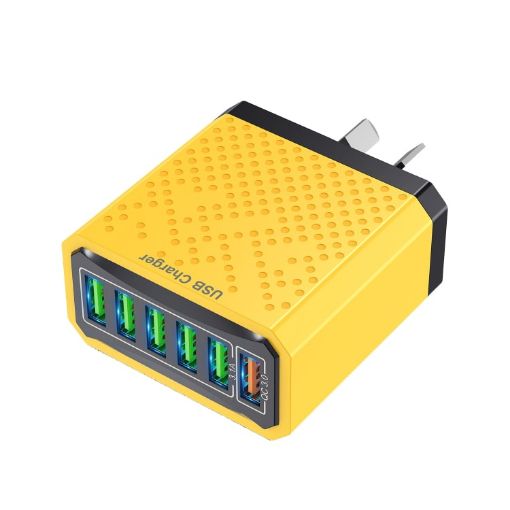 6-Port USB Travel Charger, Quick Charge, Yellow AU Plug Adapter - 1