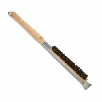 21" Wooden Handle Pizza Oven Brush w/ Stone Scraper, Palm Fiber Bristles - 1