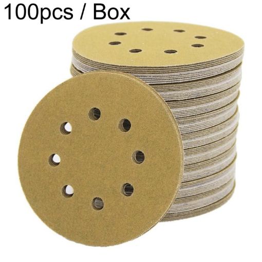 5" 8-Hole Sanding Discs 100pcs, P320 Grit, 125mm Yellow Flocking Sheet - 1