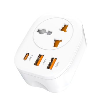 Universal Converter Plug with 2 USB & Type-C Socket, US Plug - White - 1
