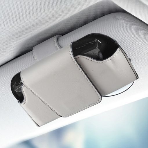Gray Leather Car Sunglasses Organizer Sun Visor Clip Eyeglasses Case - 1