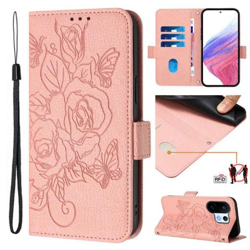 Vivo S30 Pro Mini Pink Embossed Rose RFID Anti-theft Leather Case - 1