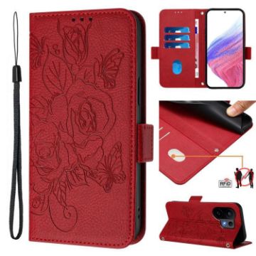 Vivo S30 Red Embossed Rose RFID Anti-theft Leather Phone Case - 1