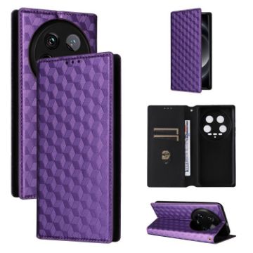 Xiaomi 14 Ultra Flip Leather Phone Case - Purple Cubic Grid Texture - 1