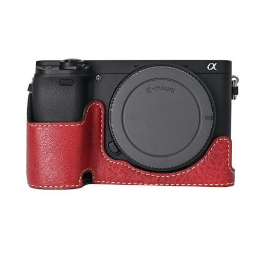 Sony ILCE-6400/A6300/A6200 Wine Red PU Leather Camera Half Case - 1