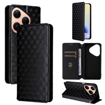 Huawei Pura 80 5G Flip Leather Phone Case Black - Cubic Grid Texture - 1