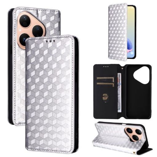 Huawei Pura 80 5G Silver Flip Leather Phone Case with Cubic Grid Texture - 1