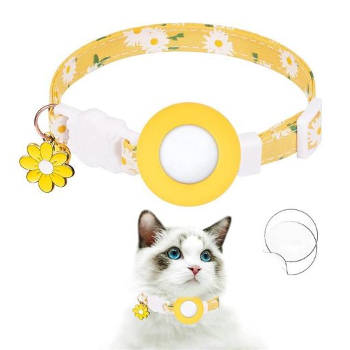 Yellow Silicone AirTag Cover Pet Collar with Bell & Daisy Design - 1