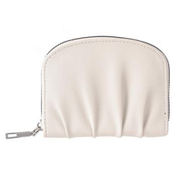 Beige Women PU Zipper Short Wallet - Pleated Solid Color Coin Purse - 1