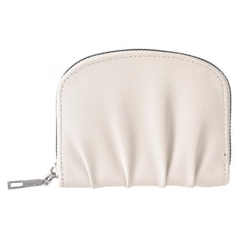 Beige Women PU Zipper Short Wallet - Pleated Solid Color Coin Purse - 1