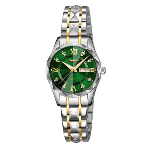 SKMEI Women's Silver Gold Strap Watch, Diamond Case, Green Dial, Waterproof - 1