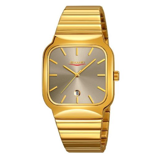 SKMEI 9361 Gold Case Gray Dial Square Quartz Watch Steel Strap - 1