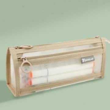 Large Capacity Double-Layer Mesh Pencil Case, Triangular Base, Light Coffee - 1