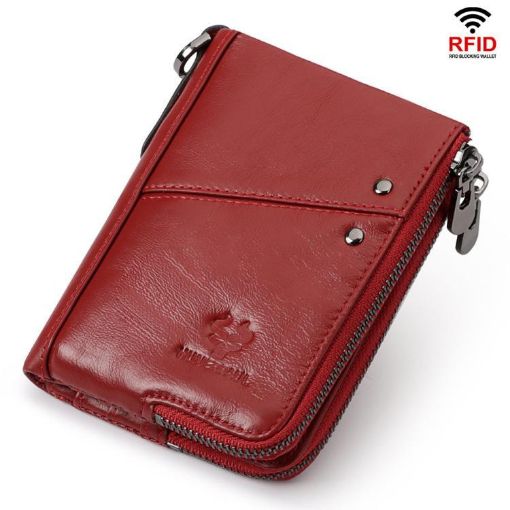 HUMERPAUL BP852 RFID Leather Anti-Theft Double Zipper Wallet Red - 1