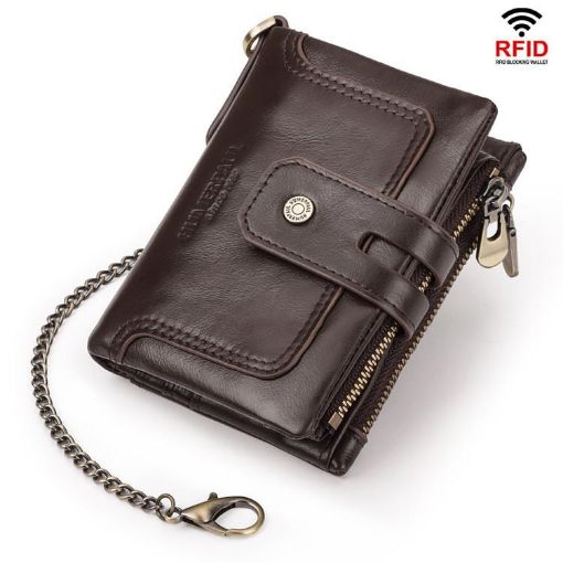 HUMERPAUL BP778 Brown Leather RFID Tri-fold Wallet with Double Zipper - 1
