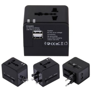 Dual USB Power Socket Charger Adapter 5V 2.1A, UK/EU/US/AU Plug, Black - 1