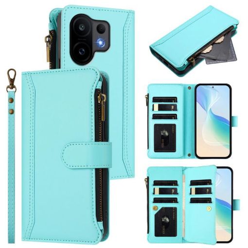 Vivo S30 Mint Green Leather Case: 9 Card Slots, Zipper, Hand Strap - 1