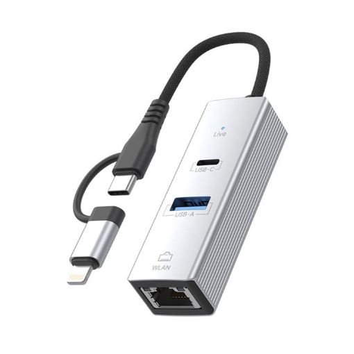 Type-C/8 Pin to Type-C RJ45 USB-A HUB Expand Converter - Silver - 1