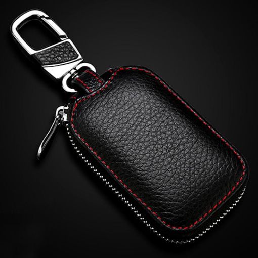 Litchi Grain PU Leather Car Key Case - Universal Fit, Black - 1