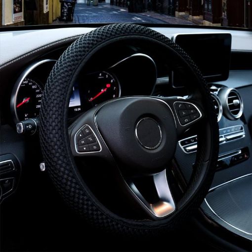 Black Breathable Mesh Elastic Anti-skid Steering Wheel Cover 38cm - 1