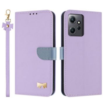Redmi Note 12 4G Purple Leather Phone Case with Metal Bow & Hand Strap - 1
