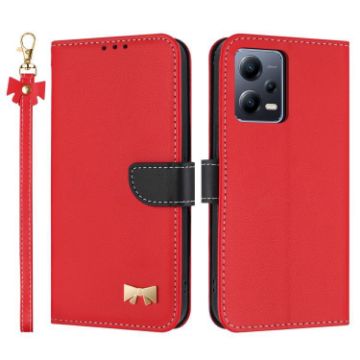 Redmi Note 12 5G/Poco X5 Red Metal Bow Leather Case with Hand Strap - 1