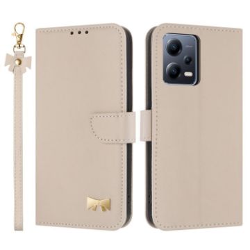 Redmi Note 12 5G/Poco X5 Metal Bow Leather Case with Hand Strap Apricot - 1