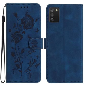 Samsung Galaxy A02S Leather Case, Rose Flower Embossed, Dark Blue, EU 166mm - 1