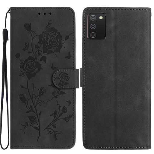 Samsung Galaxy A02S Leather Case, Rose Flower Embossed, Black, 166mm EU - 1