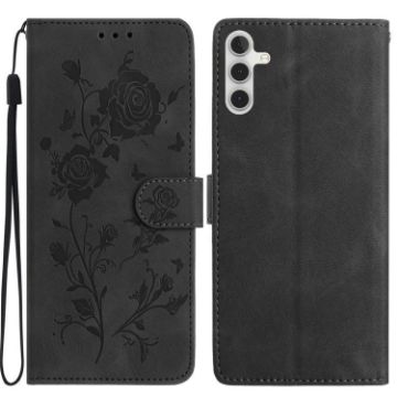 Samsung Galaxy A04S Black Leather Case with Rose Flower Embossing - 1