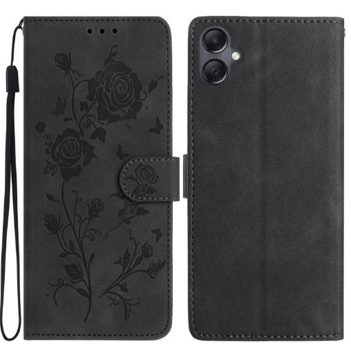 Samsung Galaxy A05 Black Leather Case with Rose Flower Embossing - 1