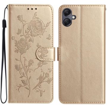 Samsung Galaxy A06 Gold Leather Case with Rose Flower Embossing Pattern - 1