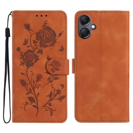 Samsung Galaxy A07 Brown Leather Case with Rose Flower Embossing Pattern - 1